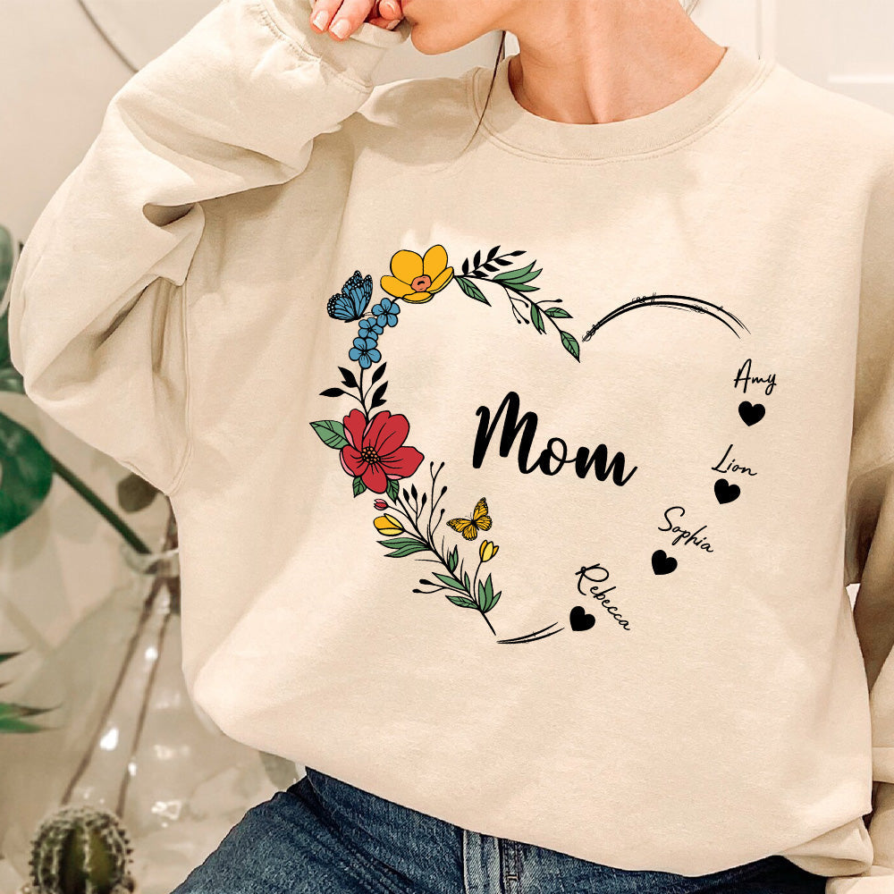 Mom's Flower Heart Customized Names T-shirt/Sweatshirt/Hoodie - Giftforus