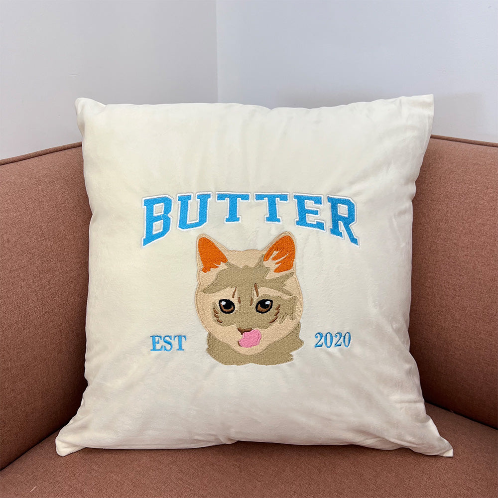 Custom Embroidered Pillow Cushion With Pet Portrait