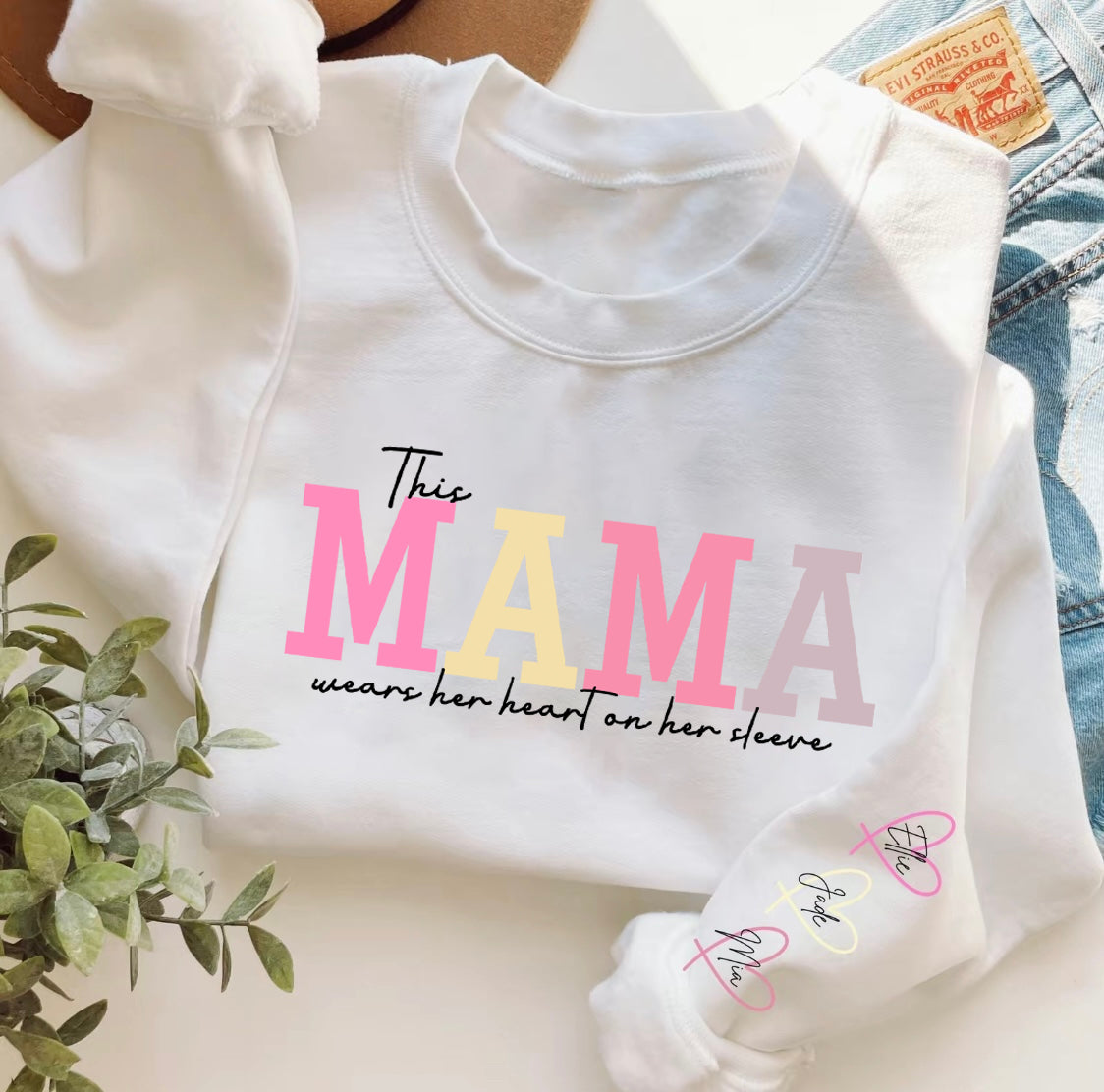 Personalized Heart On Sleeve Mama Sweatshirt with Kid Names on Sleeves Mother's Day Gift