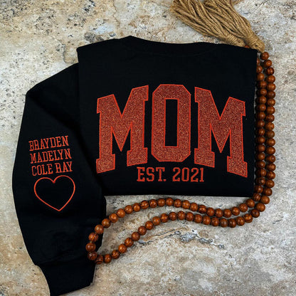 Embroidered Applique Glitter Mama Sweatshirt with Kids Names on Sleeve Gift for Mom Mother's Day Gifts