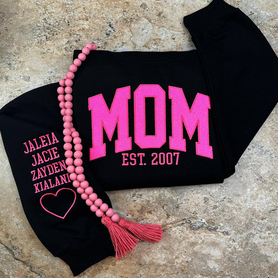 Embroidered Applique Glitter Mama Sweatshirt with Kids Names on Sleeve Gift for Mom Mother's Day Gifts