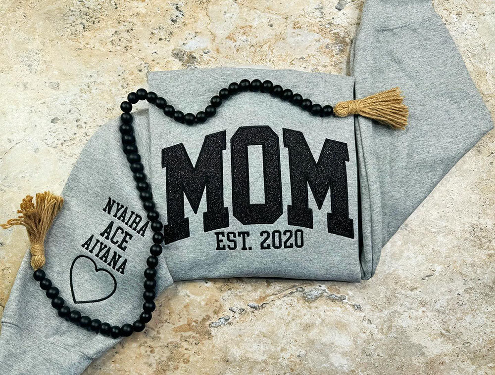 Embroidered Applique Glitter Mama Sweatshirt with Kids Names on Sleeve Gift for Mom Mother's Day Gifts