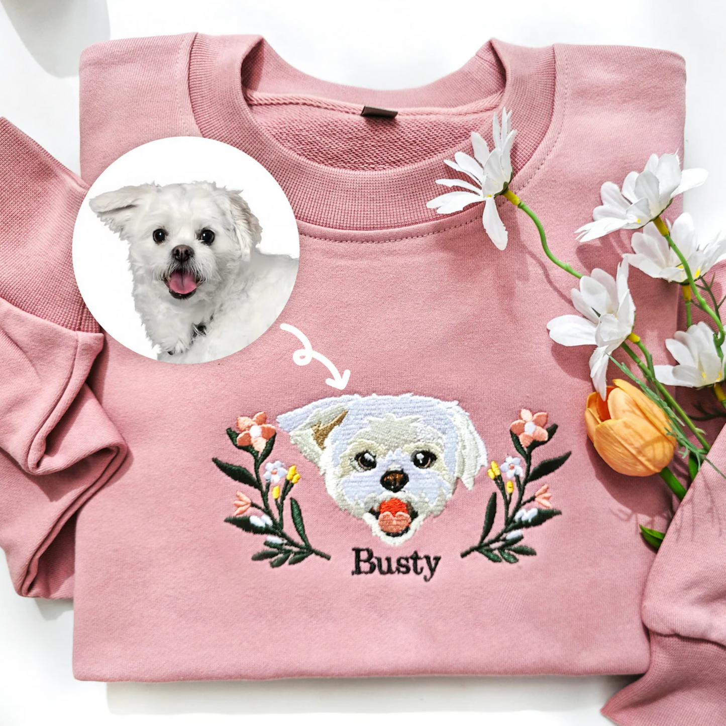 50%off⭐️Custom Embroidered Hoodie/Sweatshirt With Pet Portrait Wreath Flower