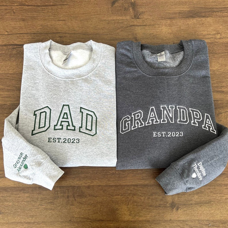 Custom Embroidered Sweatshirt with your child's name and heart on the sleeve as a Father's Day gift