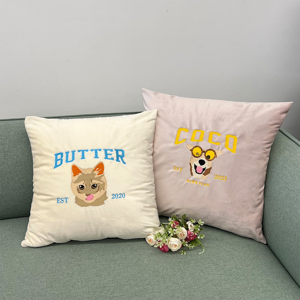 Custom Embroidered Pillow Cushion With Pet Portrait