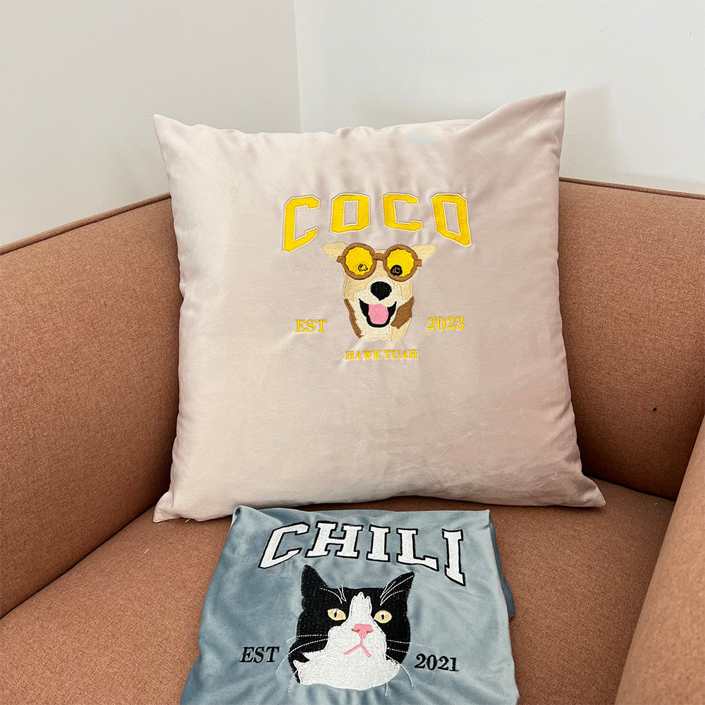 Custom Embroidered Pillow Cushion With Pet Portrait