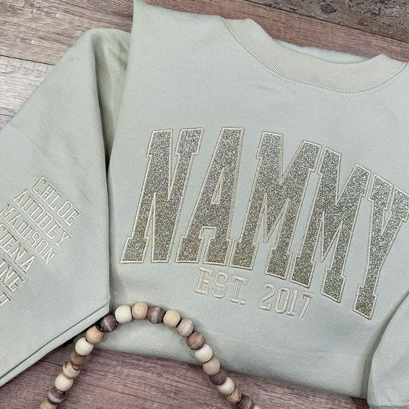 Embroidered Applique Glitter Mama Sweatshirt with Kids Names on Sleeve Gift for Mom Mother's Day Gifts