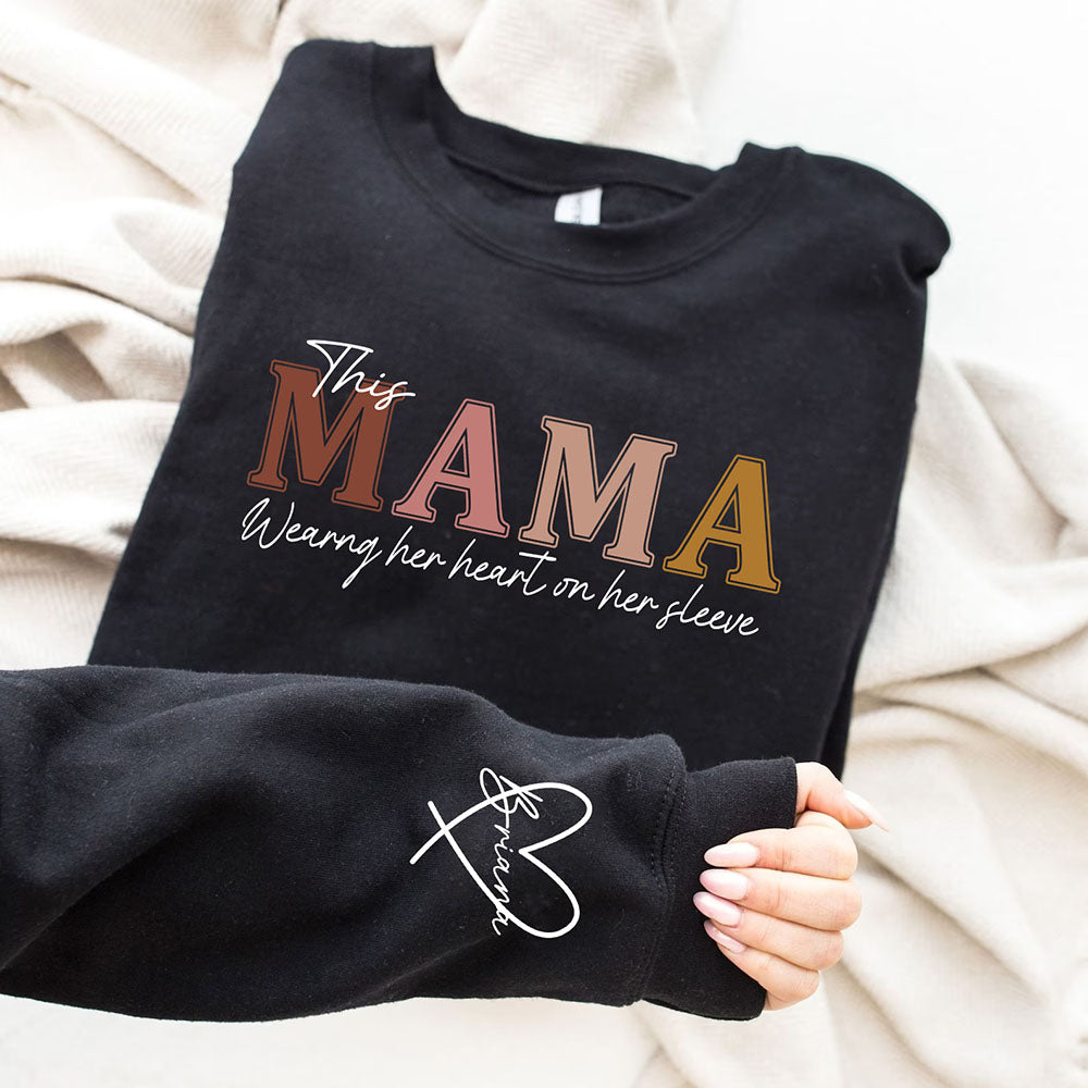 Personalized Heart On Sleeve Mama Sweatshirt with Kid Names on Sleeves Mother's Day Gift