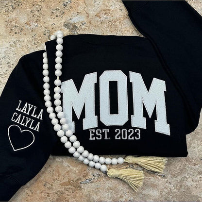 Embroidered Applique Glitter Mama Sweatshirt with Kids Names on Sleeve Gift for Mom Mother's Day Gifts