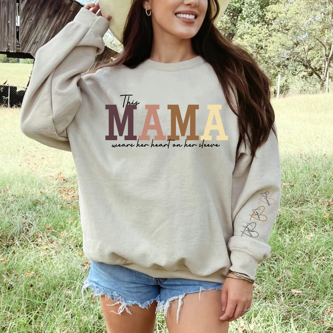 Personalized Heart On Sleeve Mama Sweatshirt or Hoodie with Kid Names on Sleeves Mother's Day Gift