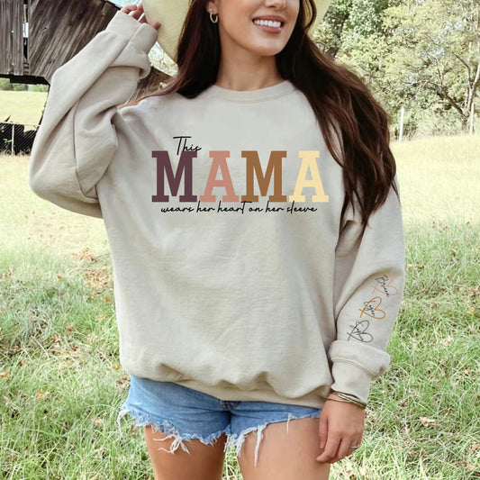 Personalized Heart On Sleeve Mama Sweatshirt with Kid Names on Sleeves Mother's Day Gift