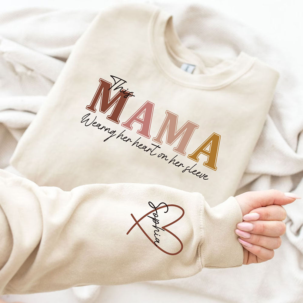 Personalized Heart On Sleeve Mama Sweatshirt with Kid Names on Sleeves Mother's Day Gift