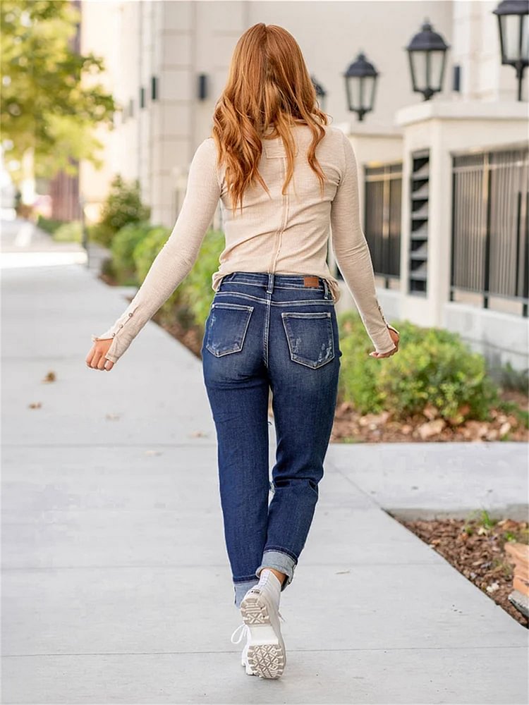 Tummy Control Distressed Cuffed Boyfriend Jeans (Buy 2 Free Shipping)