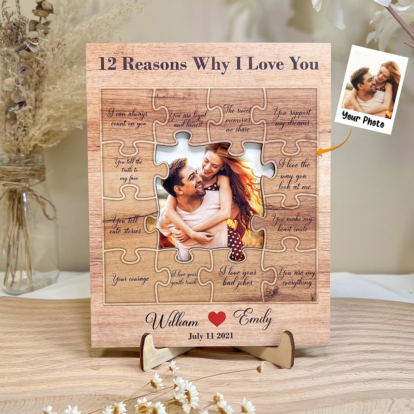 12 Reasons Why I Love You For Couples - Personalized Wooden Photo Plaque