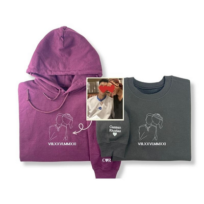 Personalized Photo Line Drawing Embroidered T-shirt/Sweatshirt/Hoodie